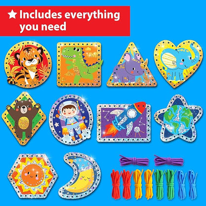 EZCRA Premium Foil Edge Lacing Cards for Kids Ages 3-6 | 10 Double-Sided Animal and Space Sewing Cards with Multilingual Learning | Durable Cardboard Fine Motor Skills Activity Kit