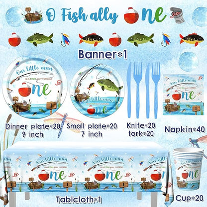 Ofishally One Birthday Decorations,142Pcs Gone Fishing 1st Birthday Party Supplies Our Little Man Is Ofishally Turning Plates Napkins Cups Tablecloth for O Fishally One First birthday Party Supplies