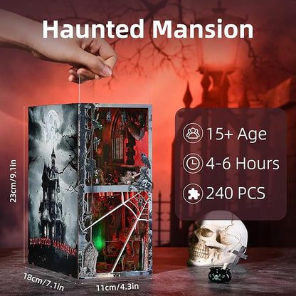 Haunted Horror Book Nook Kit, DIY Miniature Dollhouse Halloween Booknook Kit, Spooky Creepy Scary 3D Wooden Puzzle Bookend Bookshelf Insert Decor with LED Light (Haunted Mansion)