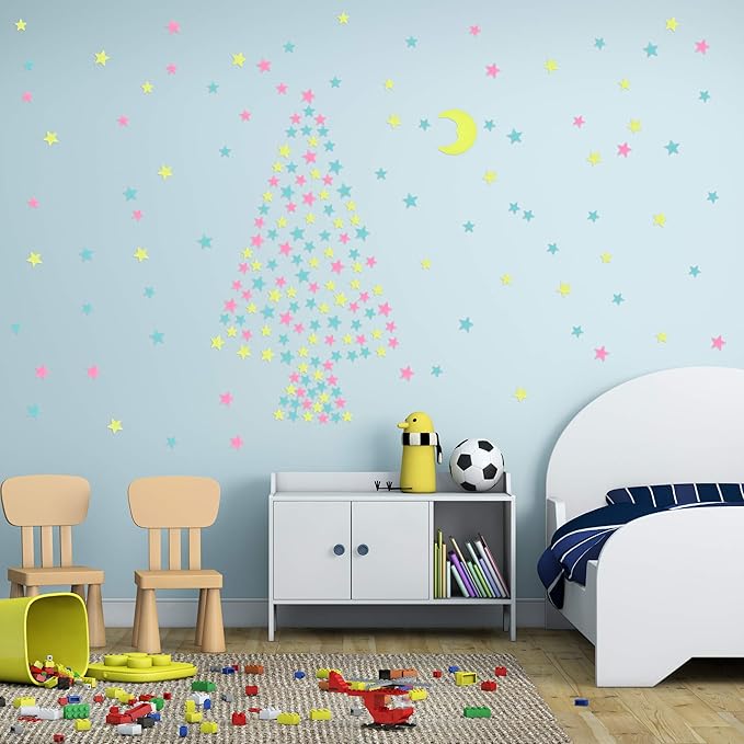 100 Pcs Colorful Glow in The Dark Luminous Stars and Moon Fluorescent Noctilucent Plastic Wall Stickers Murals Decals for Home Art Decor Ceiling Wall Decorate Kids Babys Bedroom Room Decorations