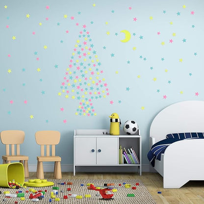 100 Pcs Colorful Glow in The Dark Luminous Stars and Moon Fluorescent Noctilucent Plastic Wall Stickers Murals Decals for Home Art Decor Ceiling Wall Decorate Kids Babys Bedroom Room Decorations