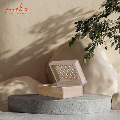 Mela Artisans Wooden Keepsake Box | Whitewash Mango Wood Memory & Photo Storage Box with Hinged Lid | Decorative Storage Box | Medium | 7.5x4.5x3 Inch