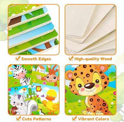 SYNARRY 6 Pack Wooden Jigsaw Puzzles for Kids Ages 3-5 Years Old, 9 Pieces Toddlers Animal Puzzles, Educational Preschool Learning Toys for Children Boys and Girls, Best Kids Puzzle Toys & Gifts