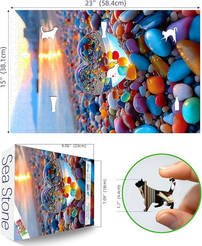 500 Piece Jigsaw Puzzle for Adults Sunset Beach Scene Colorful Heart-Shaped Pebbles ibrant Ocean View Relaxing Coastal Landscape Challenging Puzzle for Puzzle Lovers (23"x15")