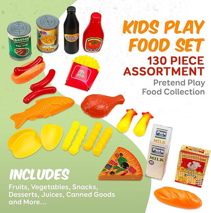 MEDca Kids Play Food Set - 130 Piece Pretend Play Collection - Assorted Fake Food Set Includes Fruits, Vegetables, Snacks, Dessert, Juices, Canned Goods and More for Boys and Girls