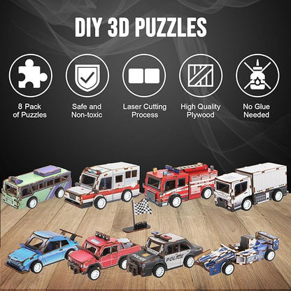 8 Pack 3D Wooden Puzzle STEM Model Car Kits, Science Kits for Young Engineer, 3D Puzzles for Kids Ages 4-12, Educational Wooden Craft Gifts for Boys & Girls