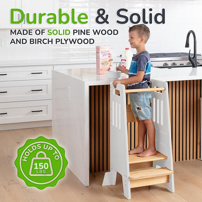 OCODILE Toddler Tower with a Sliding Door and 3 Adjustable Heights - Complete Toddler Kitchen Stool Helper with Support Feet - Safe Design for 18+ Months to 6-Year-Old Kids - White