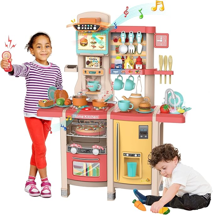 SANDINRAYLI Kids Kitchen Playset,65Pcs Play Kitchen Sets for Kids Ages 4-8, Large Play Kitchen for Toddlers 3-5, Kitchen Toys with Running Water, Plastic Pretend Kitchen for Girl & Boy, Pink