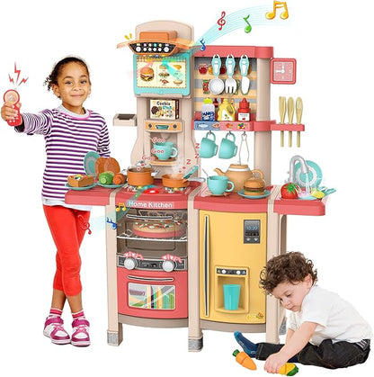 SANDINRAYLI Kids Kitchen Playset,65Pcs Play Kitchen Sets for Kids Ages 4-8, Large Play Kitchen for Toddlers 3-5, Kitchen Toys with Running Water, Plastic Pretend Kitchen for Girl & Boy, Pink