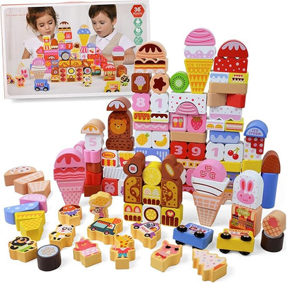 Vileafy Wooden Ice Cream Toy for 3 Year Old Birthday Gift– 116PCS Montessori Building Blocks for Toddlers – Pink Pretend Play Set & Stacking Toys for Girls Quiet Time & Family Play