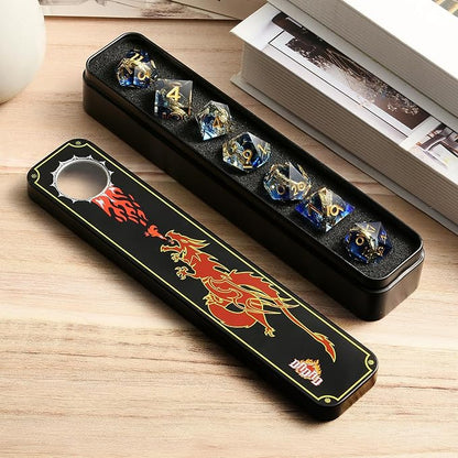 Magic Golden Ring DND Set DNDND Swirl Sharp Edge D&D Dice Set with Gift Case for Dungeins and Dragons Role Playing Game (Blue)