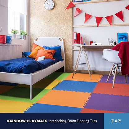 FlooringInc's Rainbow & Natural Harmony Playmat - Kid Safe Foam Floor Tiles with Removable Edges - 2'x2', 1/2" Thick (Rainbow, 12 Tile Pack)