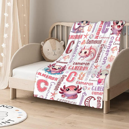 Personalized Baby Blanket for Girls Boys Kids Axolotls Custom Baby Blanket with Name Throw Birthday Gift for Toddlers Infants Shower Newborns Nursery Stroller Crib Bed Decor