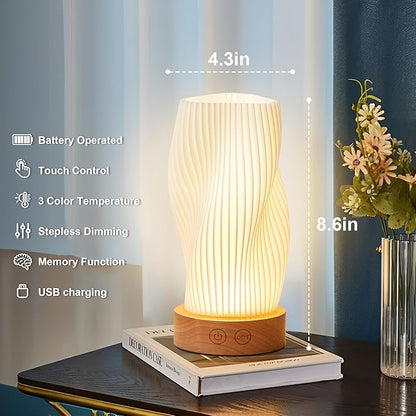 Battery Operated Portable Desk Lamp, Dimmable Cordless LED Table Lamp,3 Colors & Memory Function, Modern Rechargeable Bedside Lighting for Living Room, Bedroom, White, 8.6inch