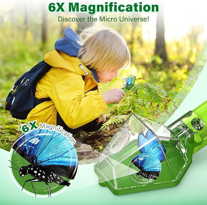 Bug Catcher for Kids, Insect Trap Kit with 6X Magnifier, STEM Educational Exploration Toys Gifts for Adult and Boys Girls, Catch Ladybugs, Butterflies, Dragonflies, Spider, Green