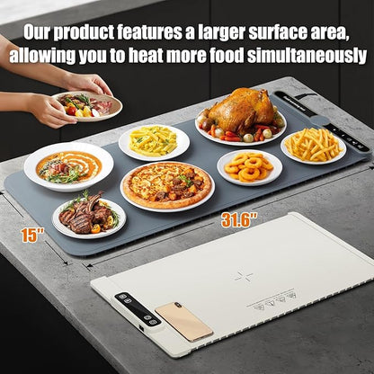 Warming Mat for Food extra large, Silicone Heating Mat For Food, 15"x31.6" Foldable Food Warming Mats for Countertops, Parties, and Daily Use with Timer and 9 Temperature Levels
