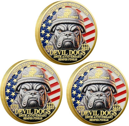 USMC 250th Anniversary Challenge Coin – Double-Sided Marine Corps Commemorative with Bulldog & Iwo Jima – Military Gift for Veterans & Collectors (3PCS)