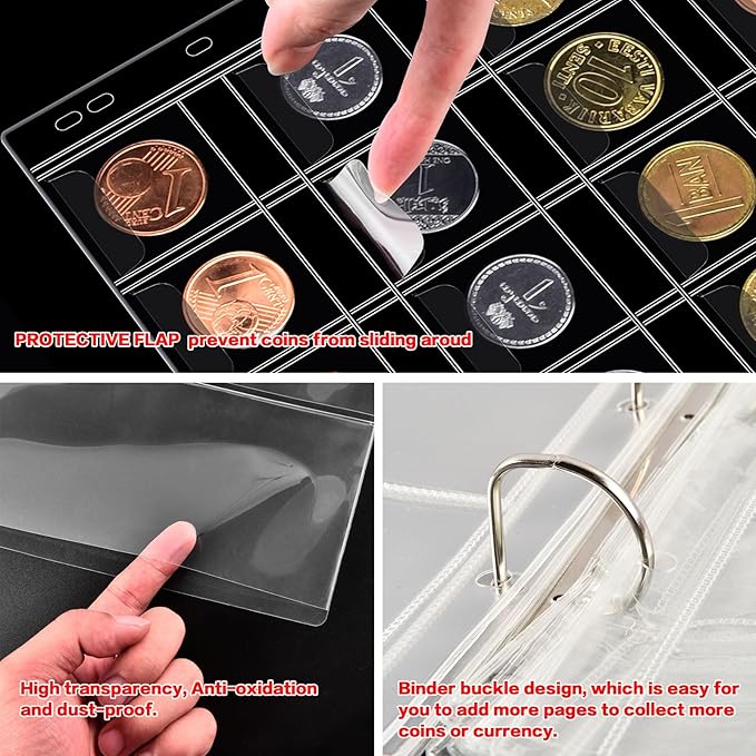 Coin Collection Book Holder for Collectors, 200 Pockets Coins Collecting Album & 30 Sleeves Paper Money Display Storage Case for Currency Collection Supplies (200+30 paper money binder)-Red