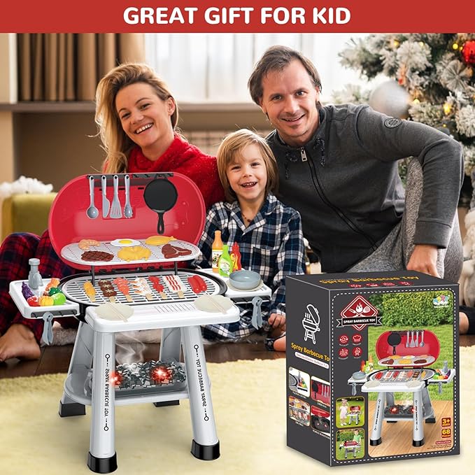 Kids BBQ Grill Playset - 69PCS Kitchen Playset with Smoke, Light, Sound - 2-Layer Toy Grill Barbecue Cooking Set - Pretend Play Food Hamburger, Interactive Toy for Kids 4-8 Boys Girls