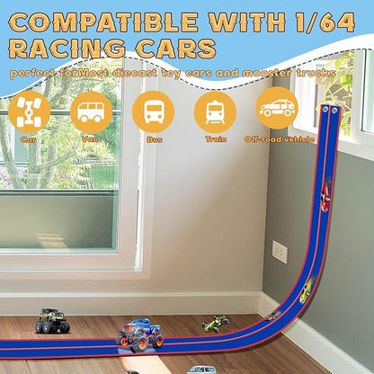 Flex Track 15 Ft Starter Set, Flexible Race Car Ramp Track for Ages 3 & Up with Suction Cups Compatible with Diecast 1/64th Cars (Blue & Red)