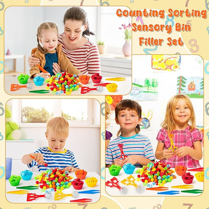 EZdhuawuse Letters Numbers Sensory Bin Fillers - 240Pcs Summer Alphanumeric Fine Motor Skills Toys Color Counting Sorting Set for Kids, Felt Letter Pom Poms Cup Clip for Preschool Education Activities