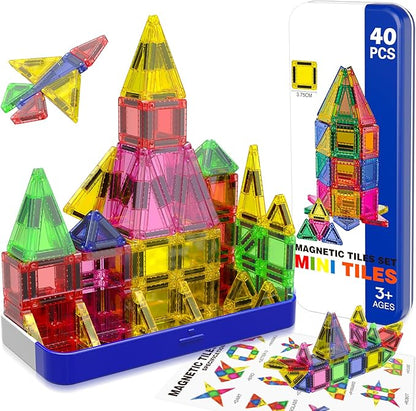 Mini Magnetic Tiles with Iron Box, 40 PCS Travel Magnetic Tiles, STEM Educational Building Set Construction Toys for Kids Ages 3+, Portable Building Toys for Toddlers, Boys & Girls Birthday Gift