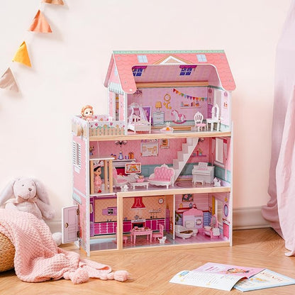 ROBOTIME Wooden Dollhouse, Doll Houses Playset with 24 Pcs Furniture for 4, 5, 6-Inch Dolls, Dollhouse Gift for 3+ Year Old Girls (Pink)