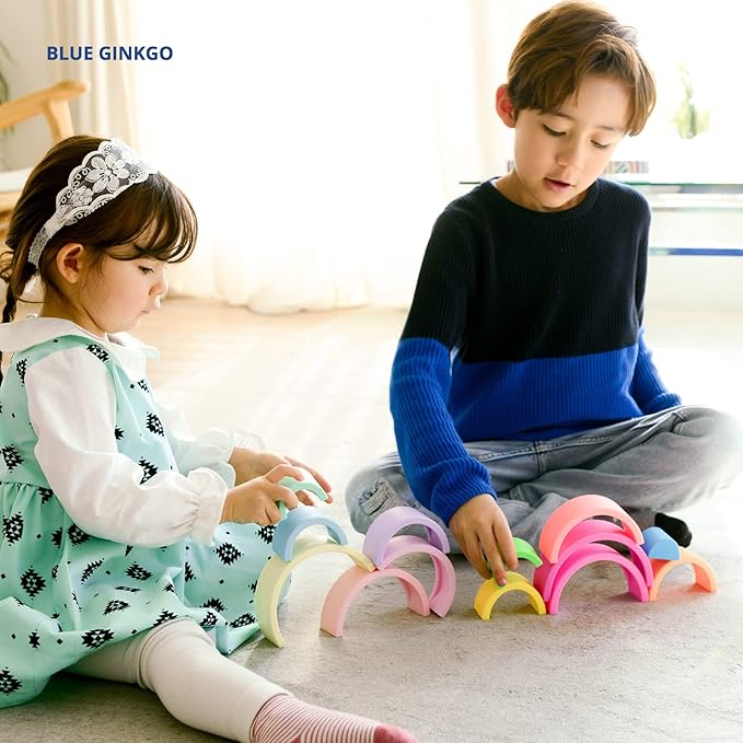 BLUE GINKGO Silicone Rainbow Stacker - Montessori Nesting Puzzle | Kids and Toddler | Stacking Sensory Toys - 7 Layers (Pastel)