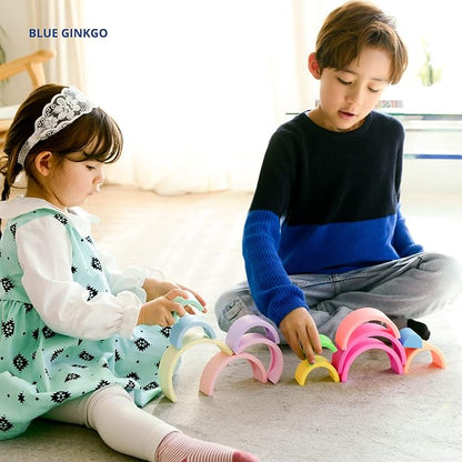 BLUE GINKGO Silicone Rainbow Stacker - Montessori Nesting Puzzle | Kids and Toddler | Stacking Sensory Toys - 7 Layers (Pastel)