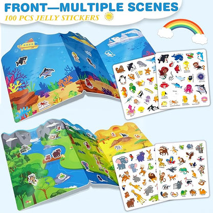 Reusable Sticker Books for Toddlers 3-5 Years, 2 Sets Jelly Sticker Books, Toddler Travel Toys Craft Activities for Kids-Ocean Wrold, Safari