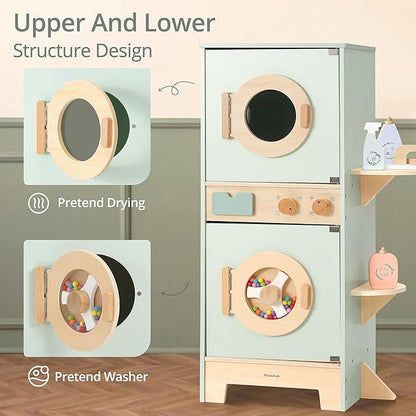 Wooden Washer-Dryer Playset for Kids – 2-in-1 Laundry Center Toy, Dual-Opening Doors, Spinning Drum & Click-Knobs, Basket + Iron Accessories – Montessori Pretend Play Gift Ages 3-6