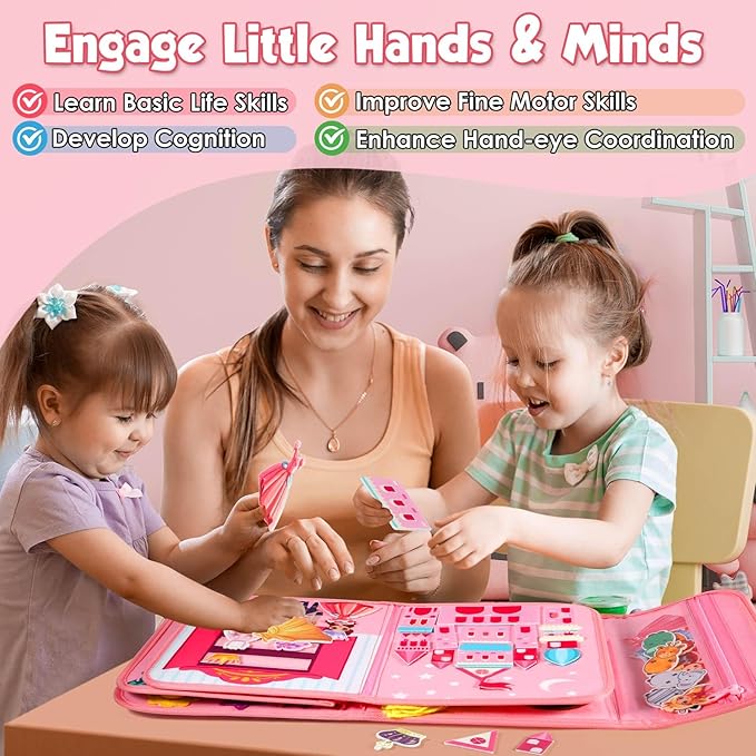 FREYBLI Toddler Busy Board, Montessori Toys for Girl Birthday Gift, Educational Quiet Activity Busy Book for Toddlers, Travel Toys for Airplane Car