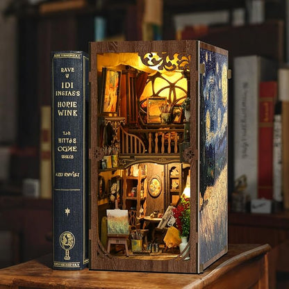 ISSEVE Book Nook Kit, DIY 3D Wooden Puzzle Dollhouse Booknook for Adults, Tiny Miniature House Kit Bookshelf Decor w Dust Cover, Halloween for Crafts Book Lovers (Painter’s Studio)