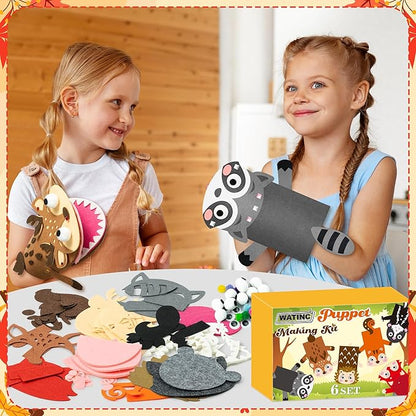WATINC 6Pcs Hand Puppet Making Kit, Art Craft Felt Sock Puppet Toys, Creative DIY Make Your Own Pompoms Wiggle Googly Eyes Storytelling Role Play Party Supplies Gift for Girls Boys (Woodland A)