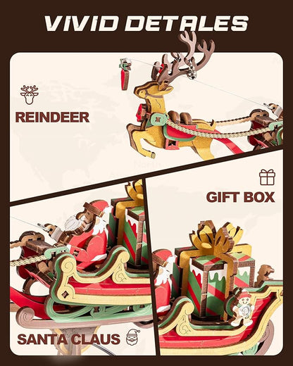 ROKR 3D Wooden Puzzle Santa on Sleigh Gravity Swing Series Wooden Model Kits DIY Dynamic Balance Christmas Decor,Mechanical Model Building Kit, for Teens and Adults
