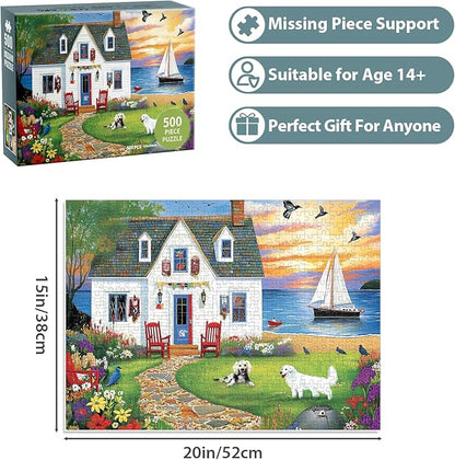 Puzzles for Adults 500 Pieces, Dog Birds Hourse Puzzle, Seaside Jigsaw Puzzles 500 Piece for Adults Kids Seniors, Recycled Cardboard Puzzle for Game Night Family Friends, 20.5x15 in