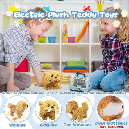 TEUVO Pet Care Playset Robot Dog Toys for Kids, 12Pcs Kids Vet Playset Toys Veterinarian Kit Doctor Kit & Interactive Electric Dog Plush & Cage Pretend Play Gifts for Girls Toddlers 3 4 5 6 7 Year Old