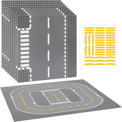 9 Pack Road Base Pates for Building, Compatible with Lego Classic Bricks, 10” x 10” Baseplates Fits for Lego Roads, Road Base Plates for City Sets (Attached DIY Stickers)