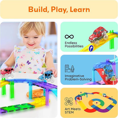 PicassoTiles 2pcs Magnetic Toy Car Set Highly Detailed Compatible with Magnet Race Track STEM Truck Replacement Accessories Educational Construction Building Kits for Toddlers Boys & Girls Ages 3+