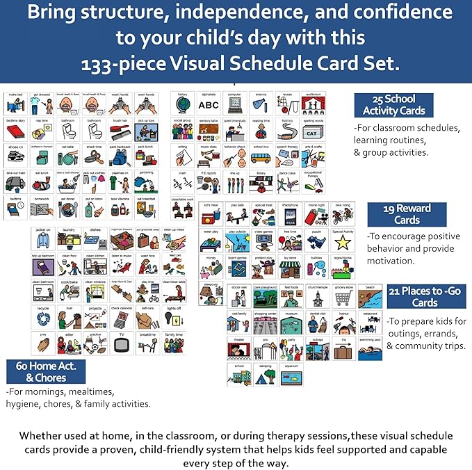 Visual Schedule & Chore Chart –Daily Responsibility Planner with 133 Picture Cards to Support Routines and Learning Structure at Home Morning and Bedtime -Great for ADHD and Autism Behavior Rewards.