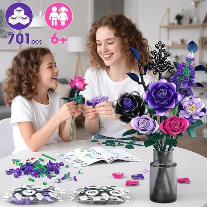 Purple Roses Bouquet Building Set for Kids Ages 6+, 701PCS Artificial Flowers Bouquet Home Office Decor for Adults Women Teengirls, Gift for Birthday Valentine's Day Halloween Christmas