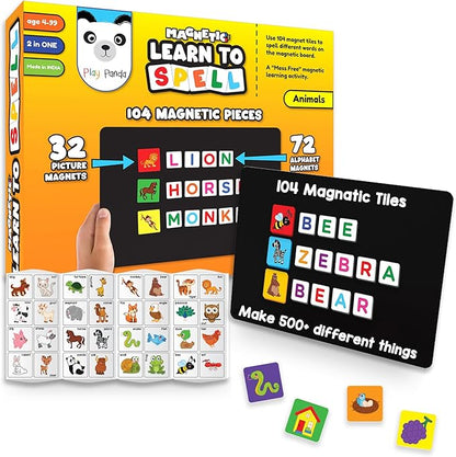 Magnetic Preschool learning Toys for Toddlers Aged 3 4 5 6 Years Old Learn to Spell Animals|104 Magnet Pieces-32 Picture & 72 Letters with Magnet Board & Spelling Game Guide|Educational Toy for Kids