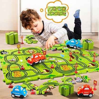 48PCS Puzzle Race Track Car Set Toys for Kids Boys, Floor Puzzle Car Tracks for Boys Ages 3-5 4-6, Toddler Toys Gifts for 3 4 5 Year Old Kids, Ideal 3 4 5 6 Year Old Birthday Gifts