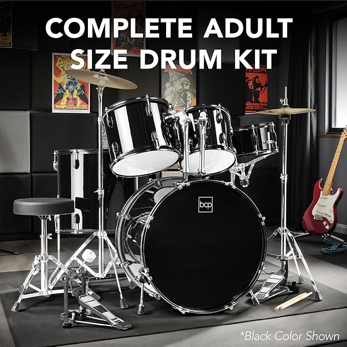 Best Choice Products 5-Piece Full Size Complete Adult Drum Set w/Cymbal Stands, Stool, Drum Pedal, Sticks, Floor Tom - Silver Sparkle