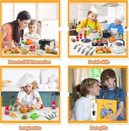 105Pcs Kids Kitchen Toy Accessories, Toddler Pretend BBQ Camping Cooking Playset, Play Pots, Pans, Utensils Cookware Toys, Play Food Set, Vegetables, Learning Gift for Girls Boys