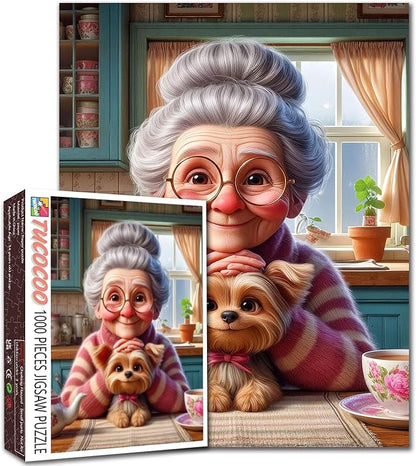 Sweet Grandma with Puppy Jigsaw Puzzles 1000 Pieces Afternoon Tea Time Art Jigsaw Puzzles for Challenging Family Games Cozy Kitchen DIY Handwork Puzzle for Home Wall Decor Gifts 20x27 Inches