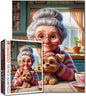 Sweet Grandma with Puppy Jigsaw Puzzles 1000 Pieces Afternoon Tea Time Art Jigsaw Puzzles for Challenging Family Games Cozy Kitchen DIY Handwork Puzzle for Home Wall Decor Gifts 20x27 Inches