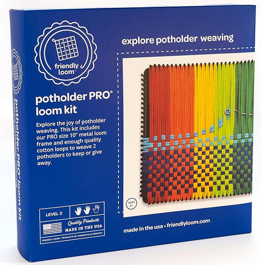 Friendly Loom Potholder Pro Weaving Kit | 10”x10” Sturdy Metal Loom and Quality Cotton Weaving Loops | Complete Kit to Weave 2 Large, Durable Potholders | Made in The USA