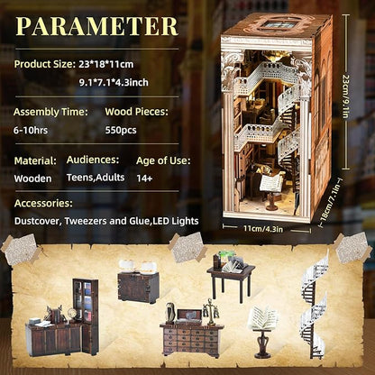 Book Nook Kit Library, DIY Miniature House Kit, 3D Wooden Puzzle Dollhouse Kit for Adults and Teens, Bookshelf Booknook with LED Light (Law Library)
