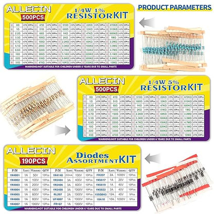 1910Pcs Electronic Component Kit Resistor Electrolytic Capacitor Schottky Diodes LED Diode Transistor Electronics Components Assortment for DIY Project